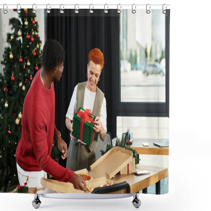 Personality  Colleagues Gather Around A Table, Exchanging Gifts And Celebrating The Holiday Spirit. Shower Curtains