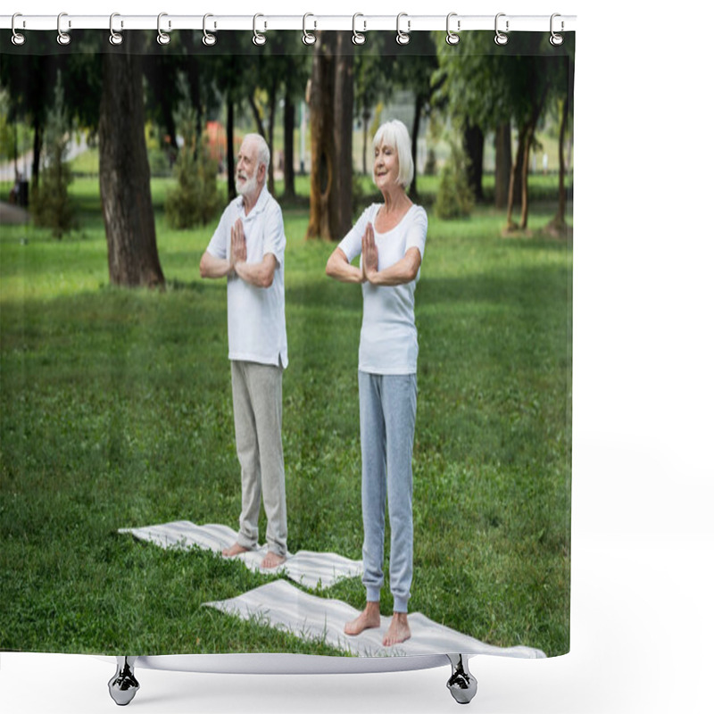 Personality  Happy Senior Couple Standing On Yoga Mats In Meditation Sukhasana Standing Poses With Folded Hands  Shower Curtains