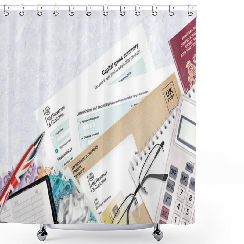 Personality  English Tax Form Sa107 Capital Gains Summary From HM Revenue And Customs Lies On Table With Office Items. HMRC Paperwork And Tax Paying Process In United Kingdom Of Great Britain Shower Curtains