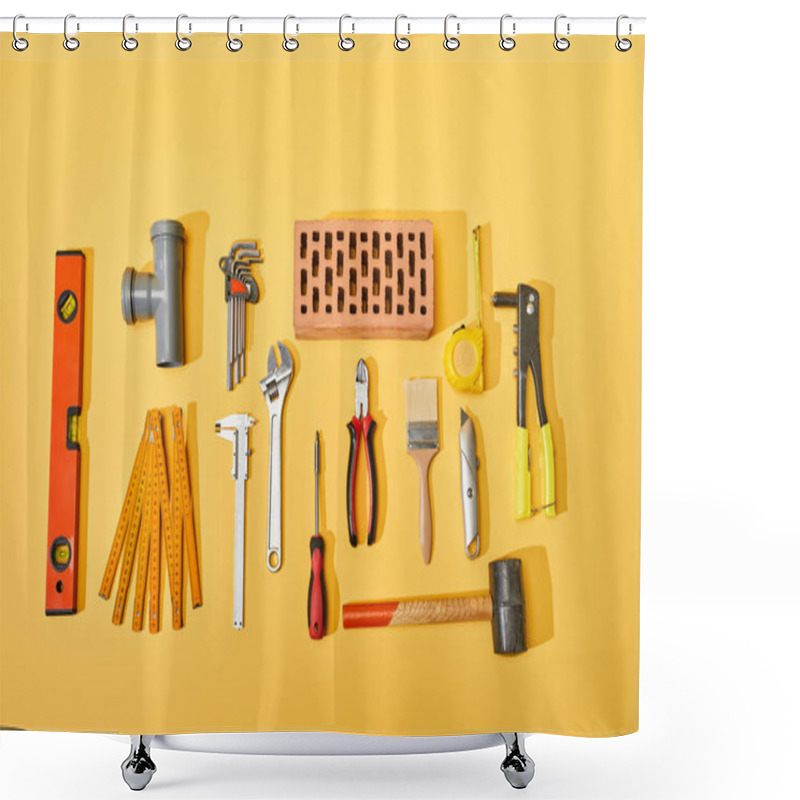 Personality  Top View Of Industrial Tools And Brick On Yellow Background Shower Curtains