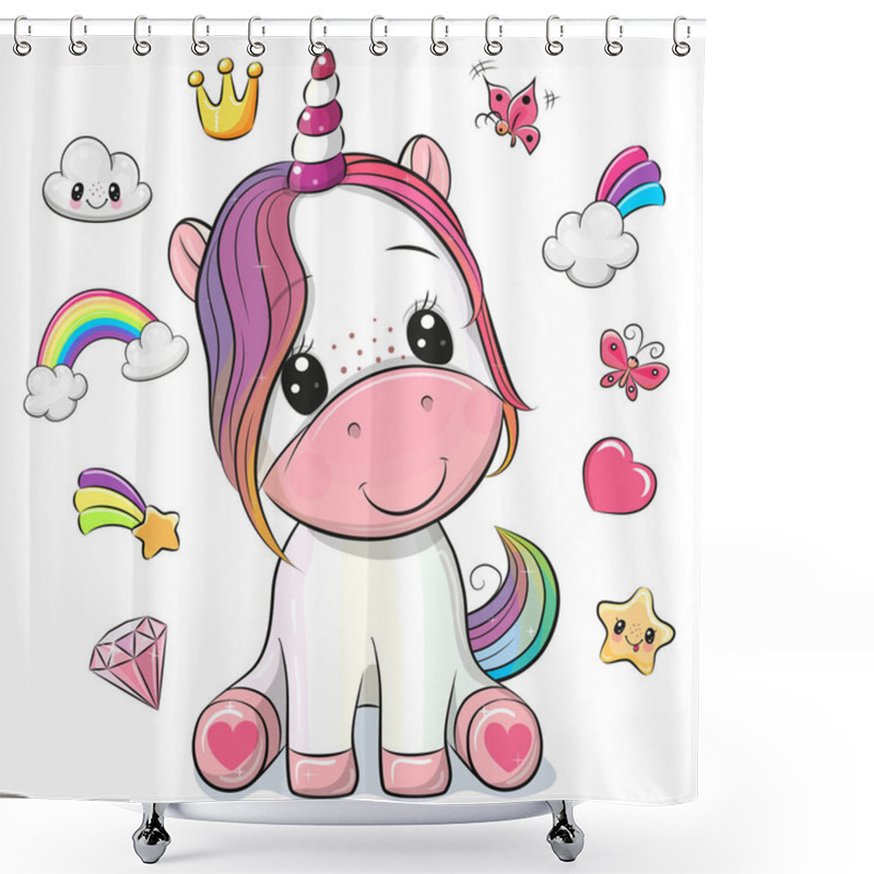 Personality  Cute Cartoon Unicorn And Set Of Cute Design Elements Shower Curtains