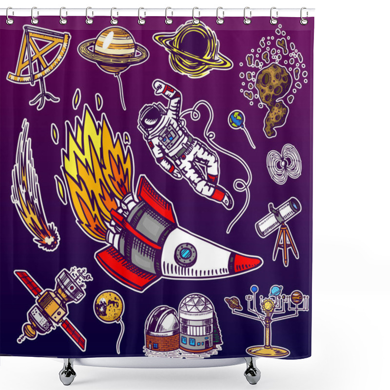 Personality  Astronaut Spaceman. Planets In Solar System. Astronomical Galaxy. Cosmonaut Explore Adventure. Engraved Hand Drawn In Old Sketch, Vintage Style. Space Shuttle, Radio Telescope And Comet And Meteorite. Shower Curtains