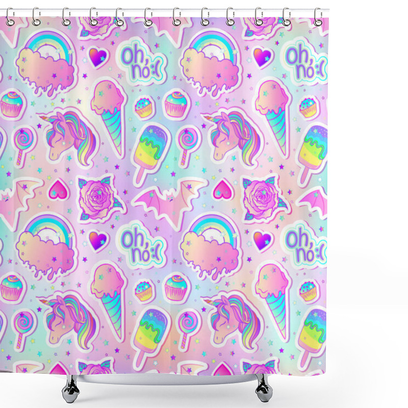 Personality  Colorful Seamless Pattern: Unicorn, Sweets, Rainbow, Ice Cream, Lollipop, Cupcake, Rose, Bat. Vector Illustration. Stickers, Pins, Patches. Kawaii Pastel Colors. Cute Gothic Style. Shower Curtains