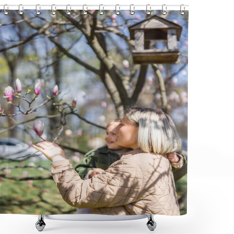 Personality  Happy Mother And Daughter Looking At Blossoming Magnolia Tree In Park Shower Curtains