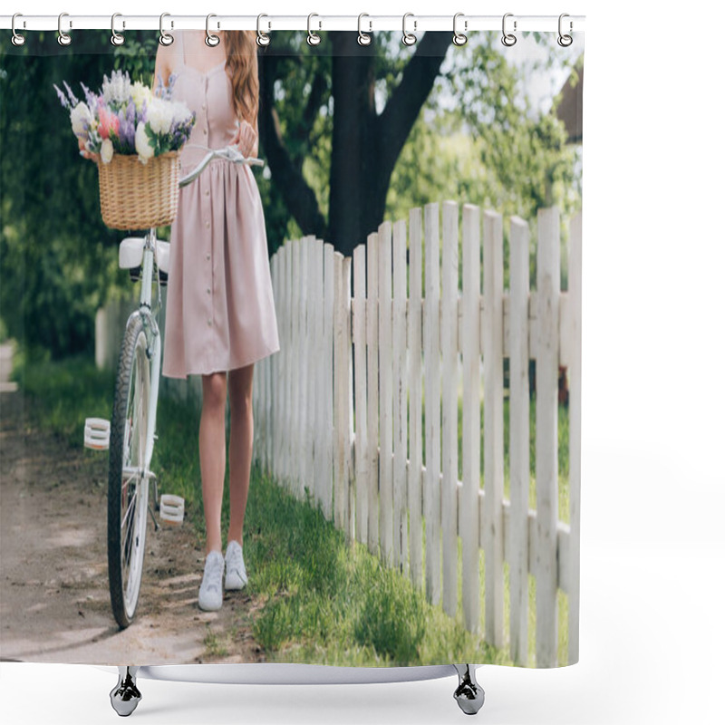 Personality  Partial View Of Woman In Dress With Retro Bicycle With Wicker Basket Full Of Flowers At Countryside Shower Curtains