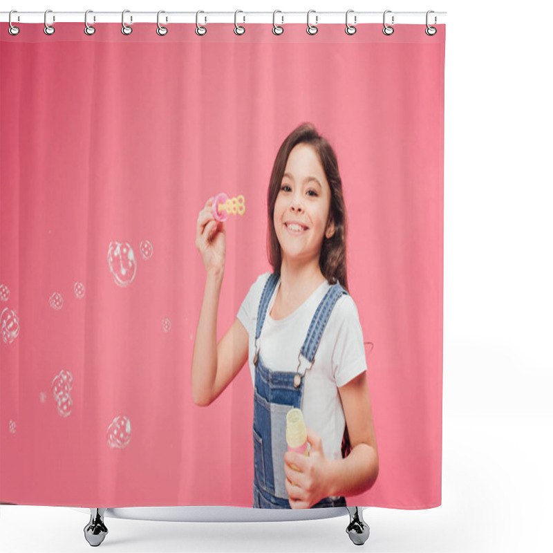 Personality  Joyful Kid Standing Near Soap Bubbles Isolated On Pink  Shower Curtains