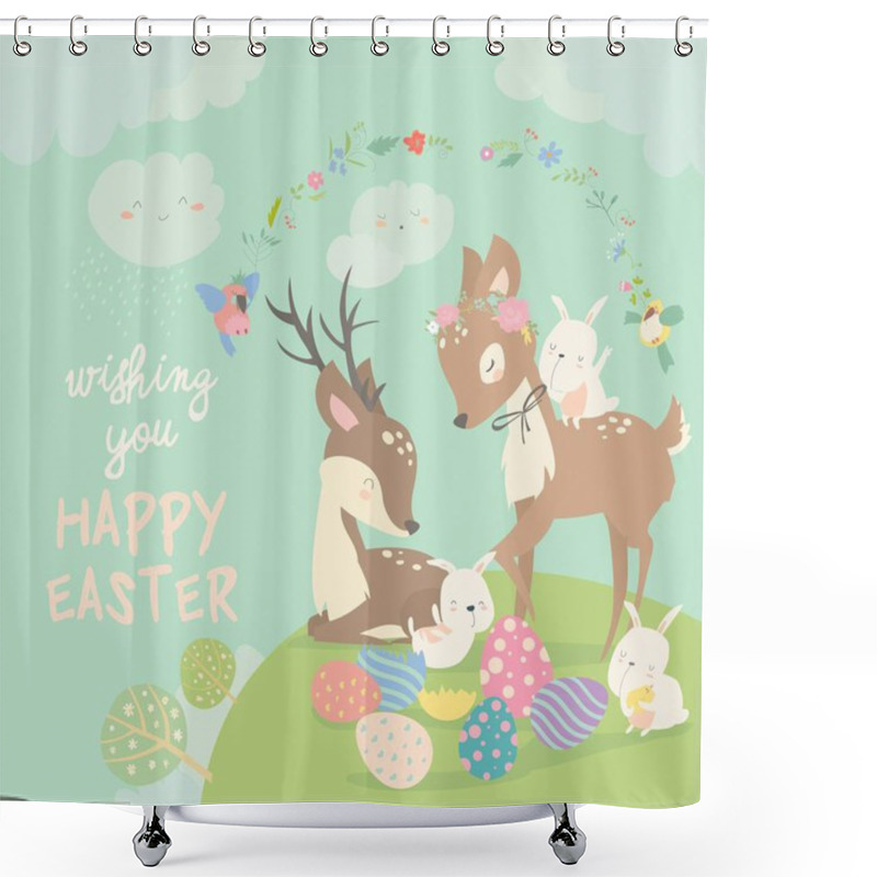 Personality  Cartoon Deers With Cute Bunnies. Happy Animals For Easter. Shower Curtains