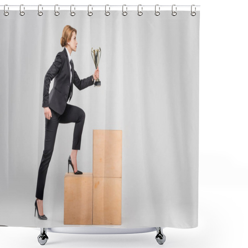 Personality  Businesswoman With Trophy Cup Going On Podium, Isolated On Grey Shower Curtains