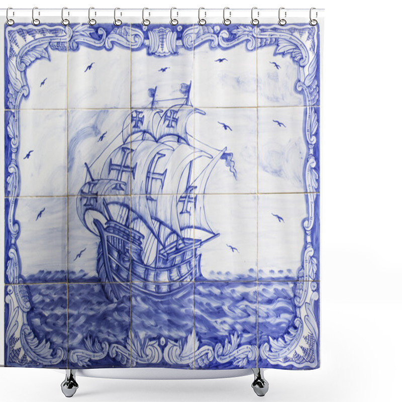 Personality  Ancient Portuguese Tiles With A Ship Shower Curtains