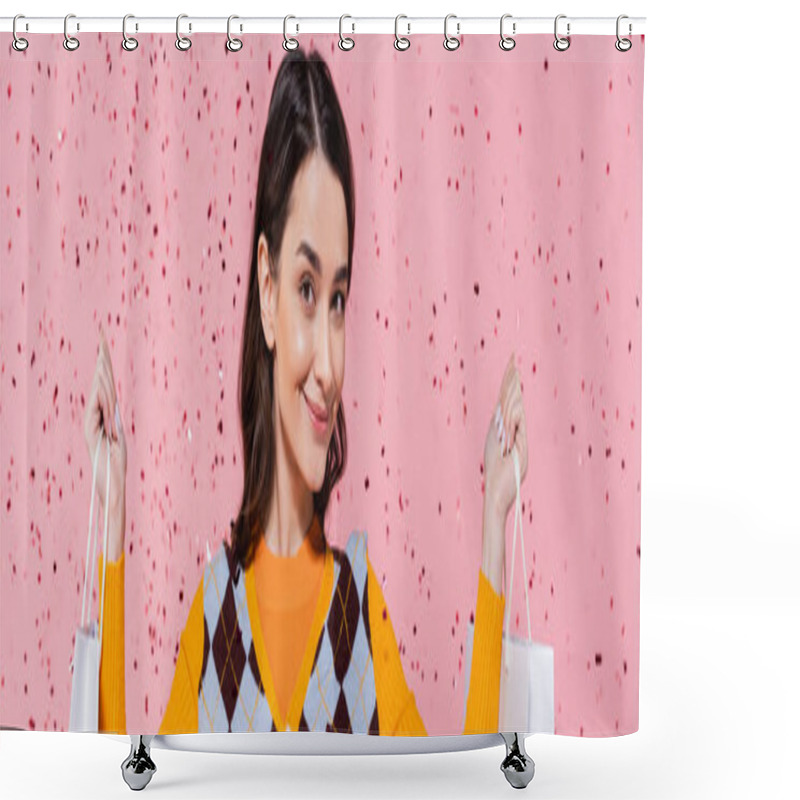 Personality  Brunette Woman In Stylish Attire Holding Shopping Bags And Smiling At Camera On Pink Background, Banner Shower Curtains