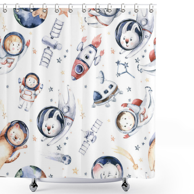 Personality  Astronaut Seamless Pattern. Universe Kids Baby Boy Girl Elephant, Fox Cat And Bunny, Space Suit, Cosmonaut Stars, Planet, Moon, Rocket And Shuttle Watercolor Space Ship Background. Shower Curtains