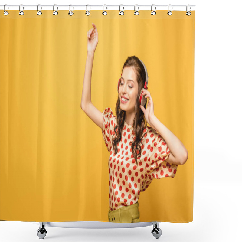 Personality  Cheerful Young Woman In Wireless Headphones Dancing With Closed Eyes Isolated On Yellow Shower Curtains