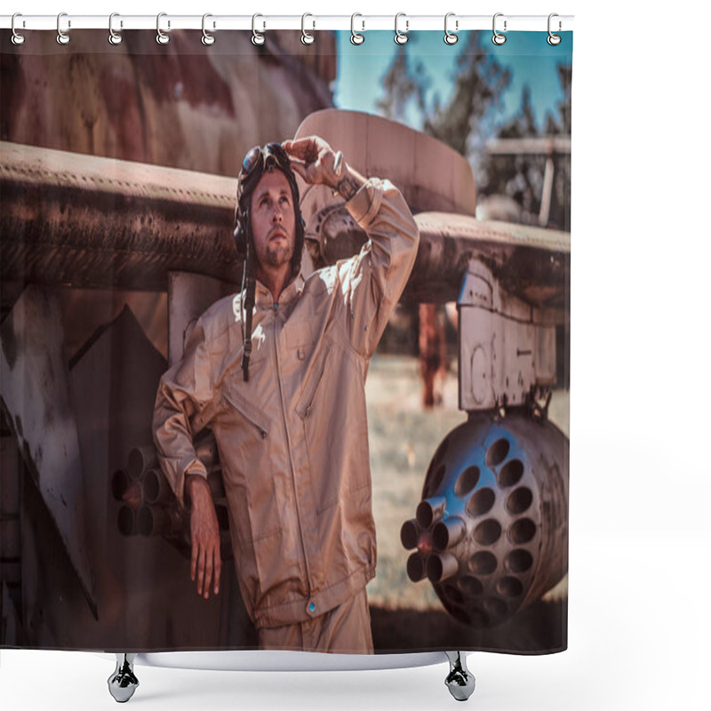 Personality  Young Pilot Leans On The Plane Shower Curtains