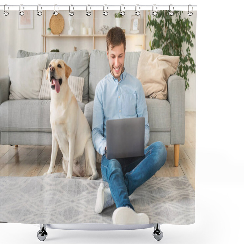 Personality  Young Man At Home With Laptop And Happy Pet Shower Curtains