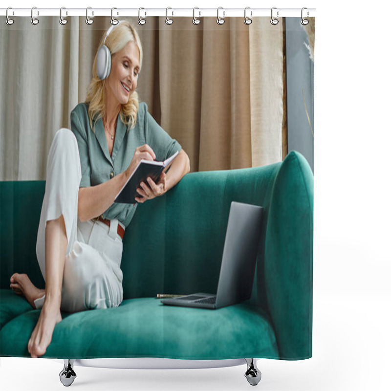 Personality  Positive Middle Aged Woman In Wireless Headphones Sitting On Sofa Near Laptop And Notebook Shower Curtains