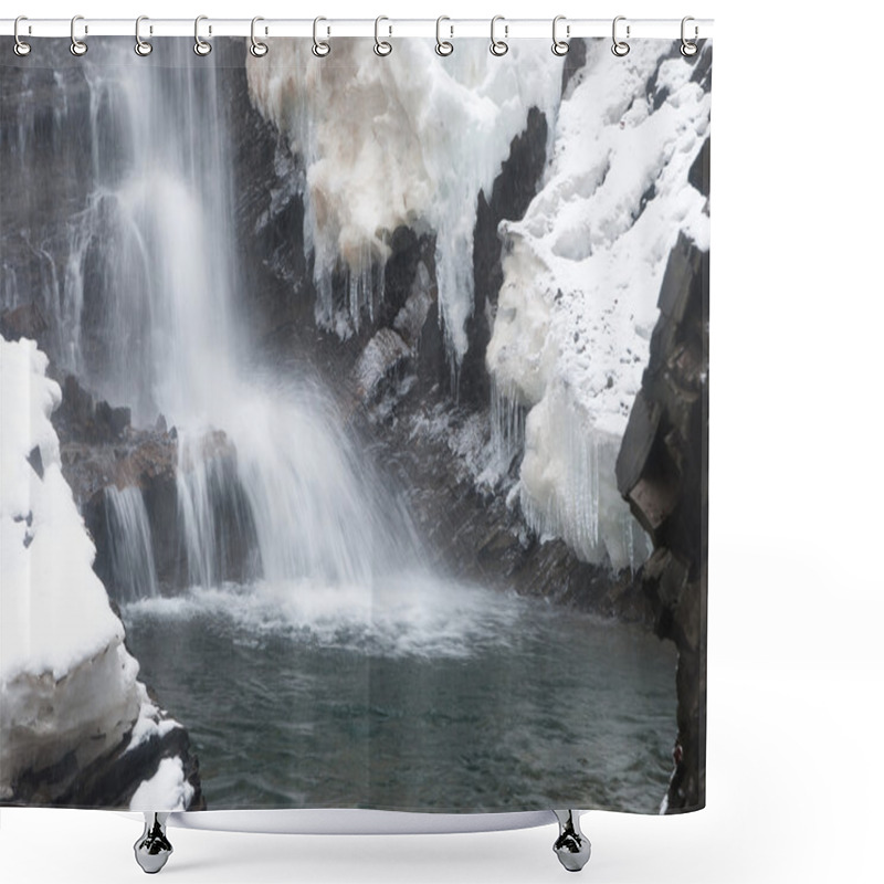 Personality  Waterfall In The Mountain Winter Forest With Snow-covered Trees And Snowfall Shower Curtains