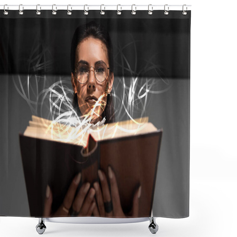 Personality  Low Angle View Of Pensive Steampunk Woman In Glasses Reading Book With Glowing Illustration Above Shower Curtains