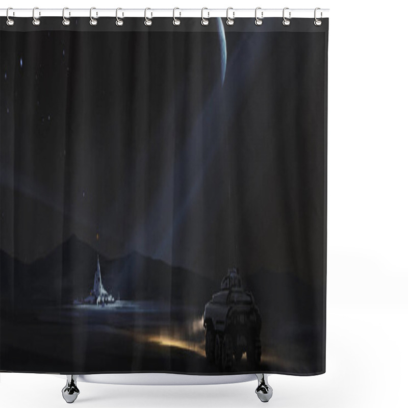 Personality  Space Vehicle Traveling On Alien Planet, 3d Illustration Shower Curtains