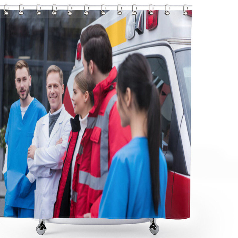 Personality  Paramedics Working Team Standing In Front Of Car And Looking At Each Other Shower Curtains