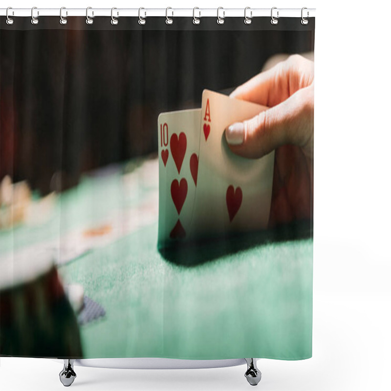 Personality  Cropped Image Of Woman Playing Poker And Holding Cards In Casino Shower Curtains