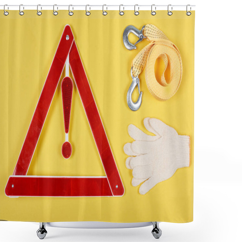 Personality  Top View Of Warning Triangle Road Sign, Gloves And Car Tow Rope Isolated On Yellow Shower Curtains