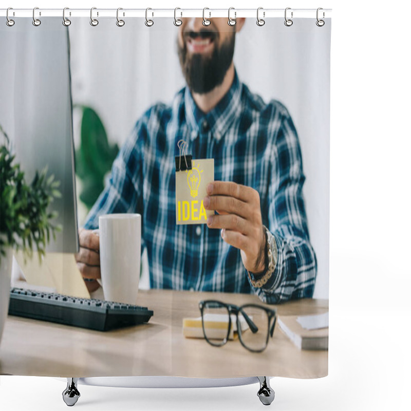 Personality  Cropped Shot Of Successful Businessman Holding Sticky Note With Light Bulb Idea Shower Curtains