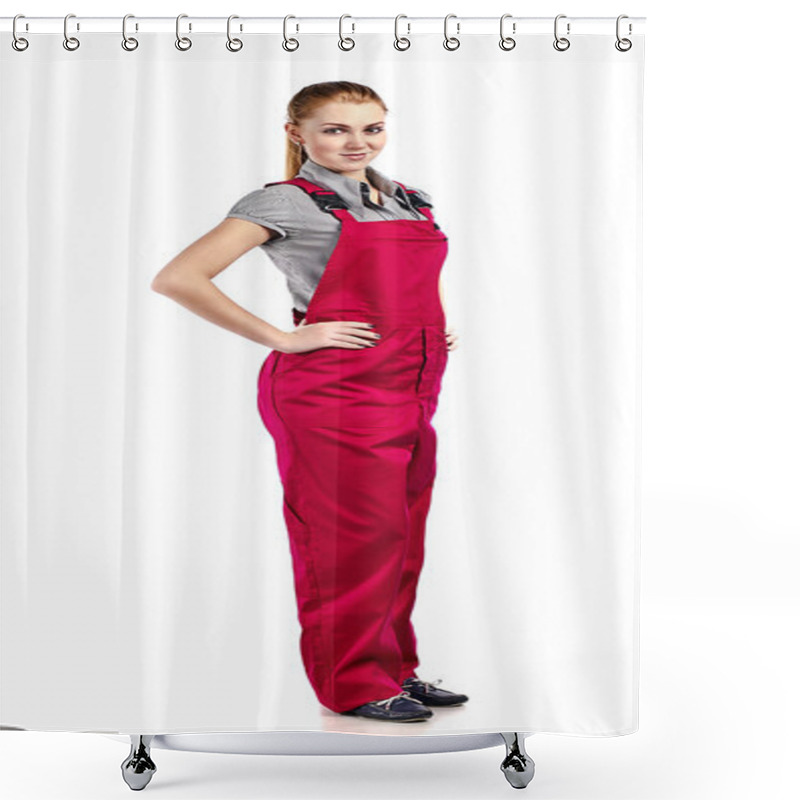 Personality  Woman In Red Overalls , Isolated On White Shower Curtains