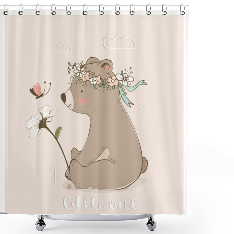 Personality  Cute Baby Bear With Butterfly Smell A Flower. Hand Drawn Vector Illustration. Shower Curtains