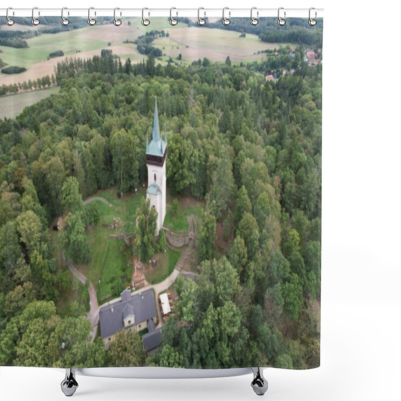 Personality  Aerial View Of The Bolfanek Viewtower With The St. Wolfgangs Cemetery Chapel. Near A Marvelous Village Chudenice From 12th Century.Czech Landmarks From Above. Golden Autumn In Central Europe,lookout Shower Curtains