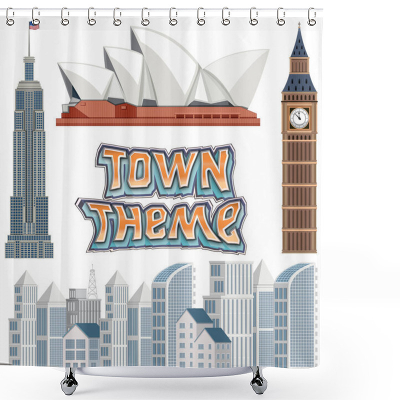 Personality  Set Of Town Building Theme Illustration Shower Curtains