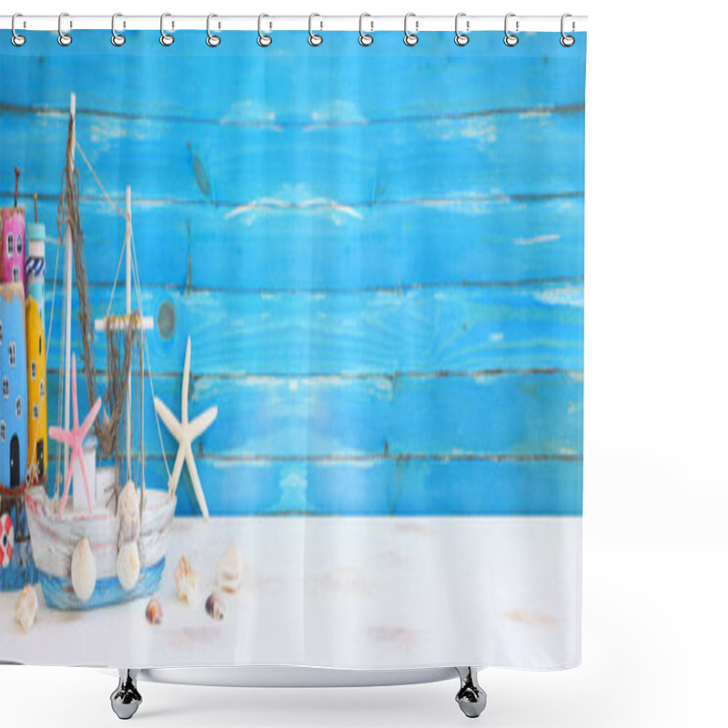 Personality  Top View Of Nautical Concept With Sea Life Style Objects As Boat, Driftwood Beach Houses, Seashells And Starfish Over Wooden Background Shower Curtains