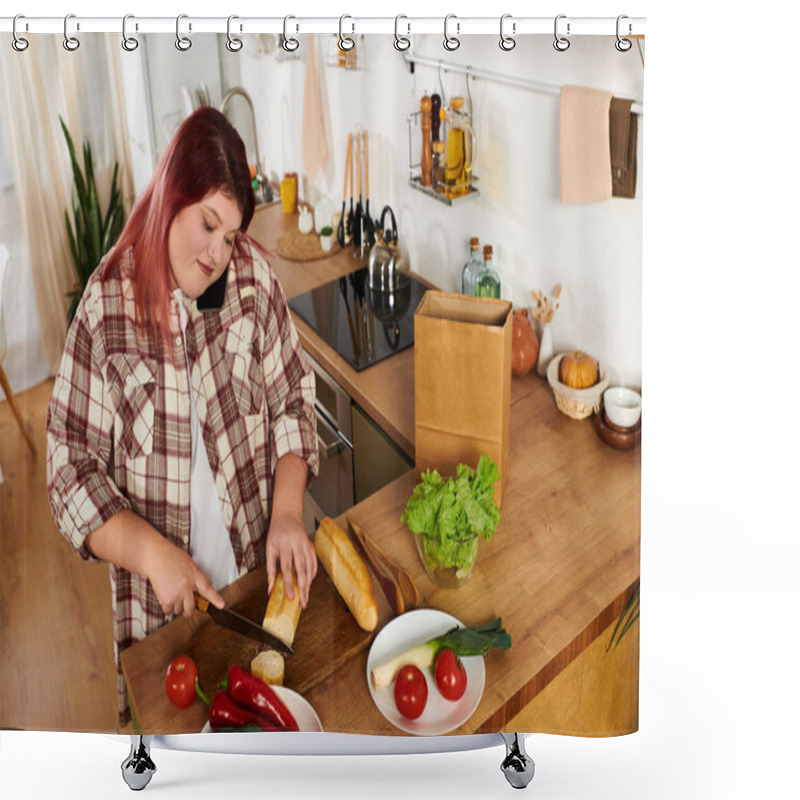 Personality  A Confident Young Woman Prepares A Meal In Her Warm Kitchen, Surrounded By Vibrant Vegetables. Shower Curtains