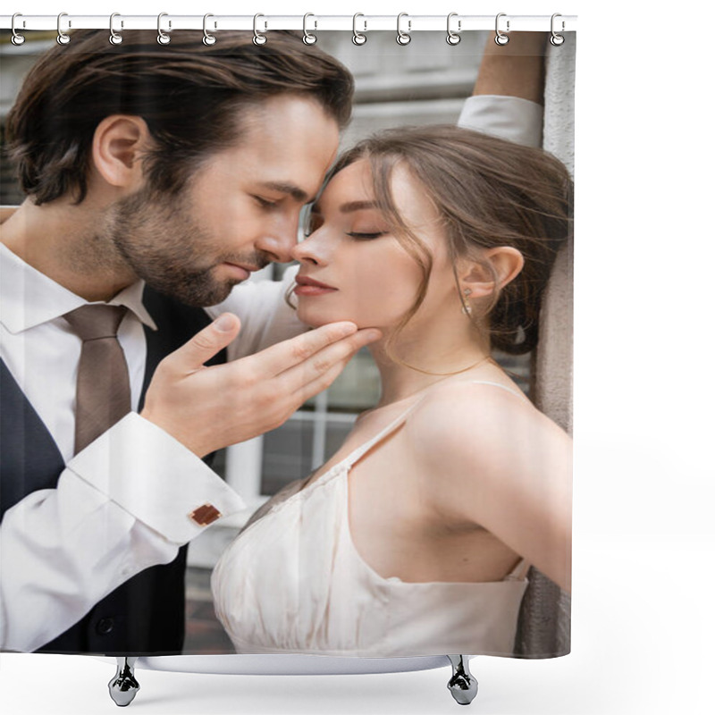 Personality  Portrait Of Groom In Formal Wear Touching Face Of Pretty Bride In Wedding Dress  Shower Curtains