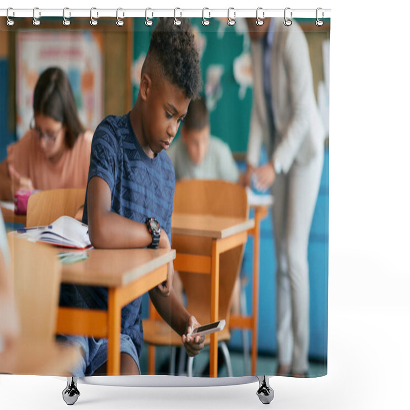 Personality  Black Elementary Student Typing Text Message While Secretly Using Cell Phone During A Class At School. Shower Curtains