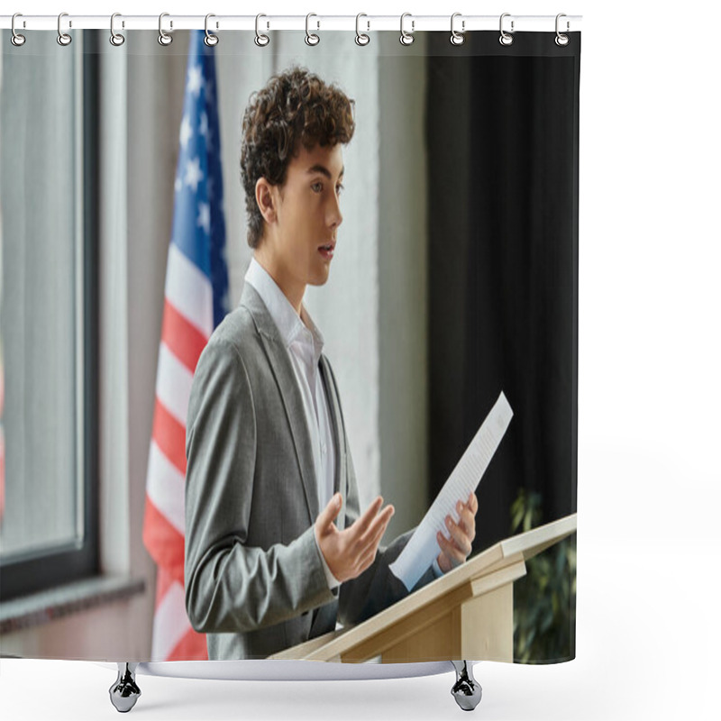 Personality  Teenage Boy Delivers A Speech At A UN Model Conference. Shower Curtains