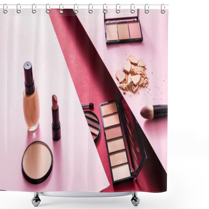 Personality  Eye Shadow And Blush Palettes Near Cracked Face Powder, Face Foundation, Lipstick And Cosmetic Brushes On Pink And Crimson Shower Curtains