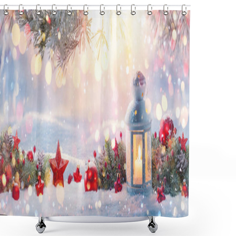 Personality  Christmas Lantern On Snow With Fir Branch In The Sunlight Shower Curtains