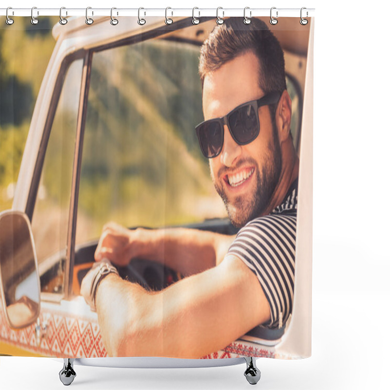 Personality  Man Holding Hand On  Wheel Of Minivan Shower Curtains