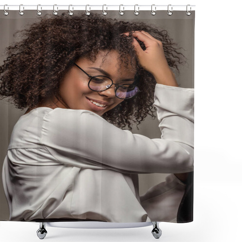 Personality  Young Smiling African American Woman In White Shirt Wearing Glasses Isolated On Grey Background Shower Curtains