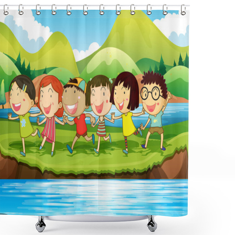 Personality  Children Having Fun At The Pond Shower Curtains