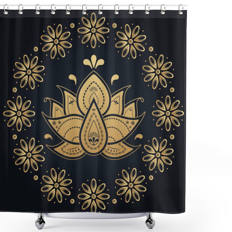 Personality  Gold Flower Lotus Mandala On Dark Background. Vector Folk And Boho Print Design Shower Curtains