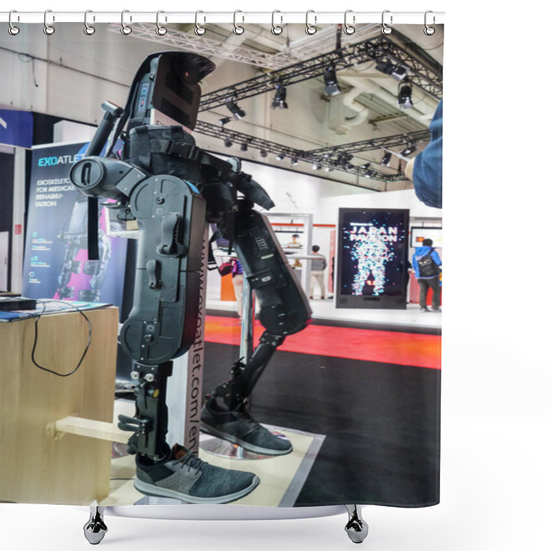 Personality  Berlin, Germany - September 10, 2019: ExoAtlet Robotic Leg, Medical Exoskeleton Designed For The Rehabilitation Of Patients With Locomotive Impairments To Lower Limbs Shower Curtains