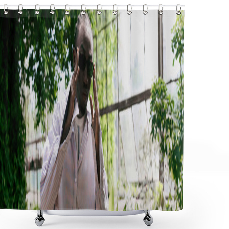 Personality  A Sophisticated African American Man In A White Shirt And Tie Walking Through A Forest. Shower Curtains