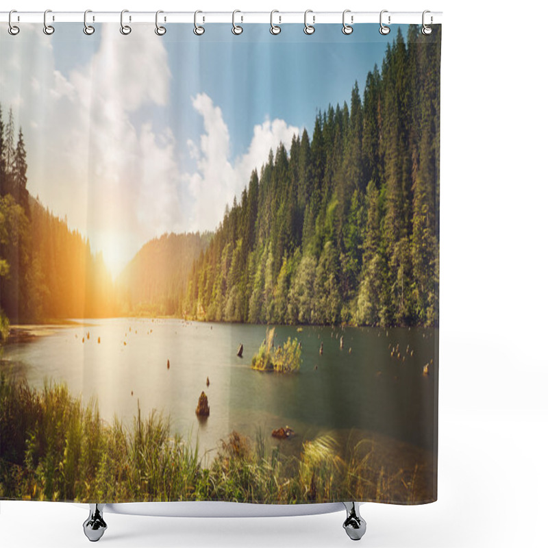 Personality  Mountain Lake With Sunset Shower Curtains