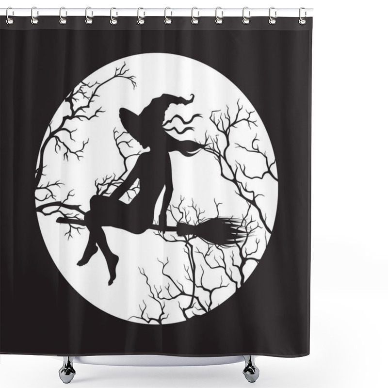 Personality  Silhouette Of Beautiful Witch Girl On A Broom In Front Of The Full Moon In Profile Isolated Hand Drawn Vector Illustration. Shower Curtains