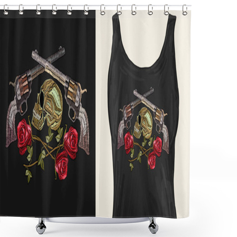 Personality  Embroidery Skull, Crossed Guns And Roses. Trendy Apparel Design Shower Curtains