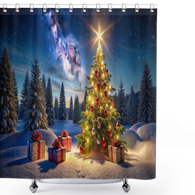 Personality  Christmas Tree And Gift Boxes On Snow In Night With Shiny Star And Forest - Winter Abstract Landscape Shower Curtains