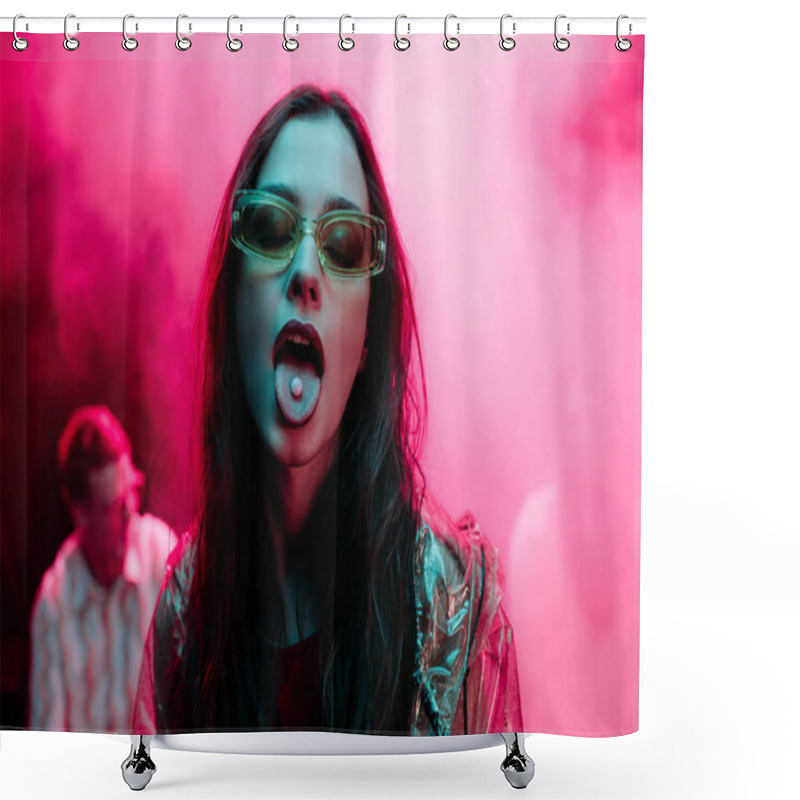 Personality  Beautiful Girl In Sunglasses With Lsd On Tongue In Nightclub With Pink Smoke Shower Curtains