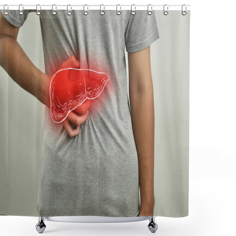 Personality  Digital Composition Of Human Liver With Highlighted Red Inflammation On Sick Person, Man With Stomach Pain, Health And Medical Concept Shower Curtains