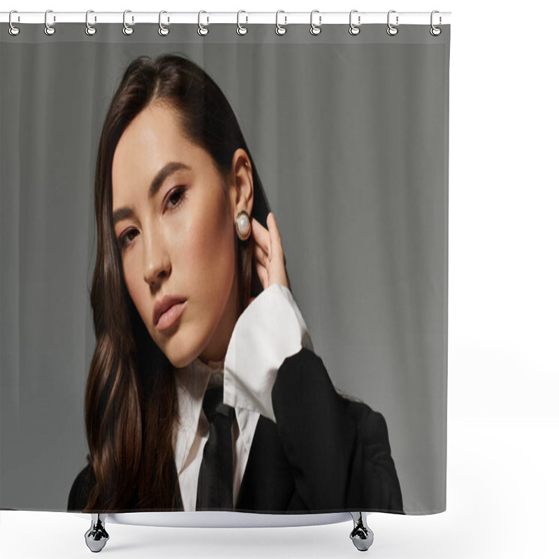 Personality  Long-haired Woman Poses Confidently In Fashionable Attire Against A Grey Backdrop. Shower Curtains